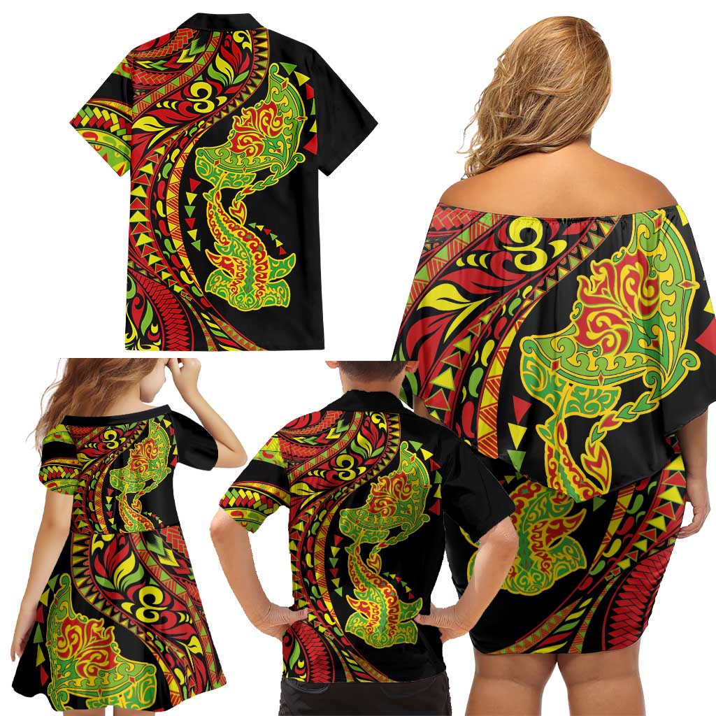 Hawaiian Manta Ray and Hammerhead Shark Tribal Tattoo Family Matching Off Shoulder Short Dress and Hawaiian Shirt with Polynesian Tribal Pattern Kanaka Maoli Flag Color LT03 - Polynesian Pride