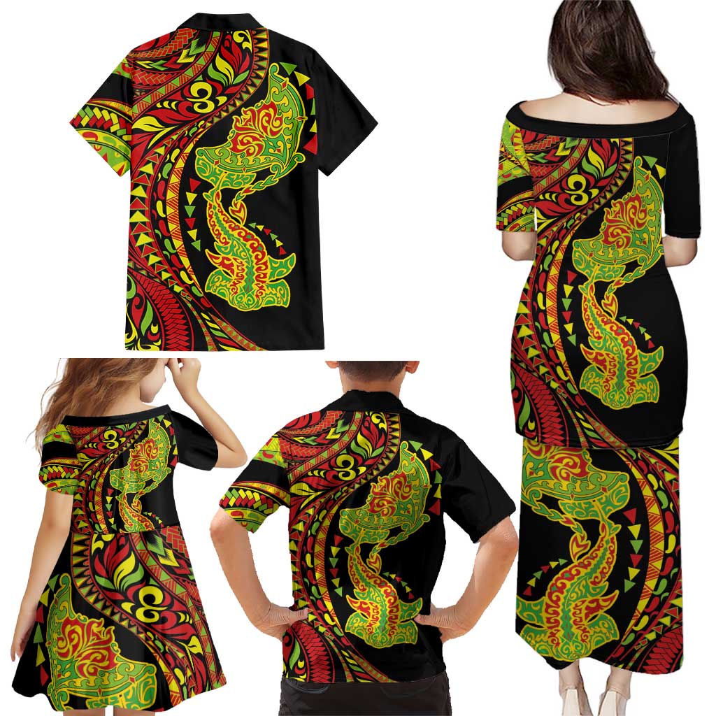 Hawaiian Manta Ray and Hammerhead Shark Tribal Tattoo Family Matching Puletasi and Hawaiian Shirt with Polynesian Tribal Pattern Kanaka Maoli Flag Color LT03 - Polynesian Pride