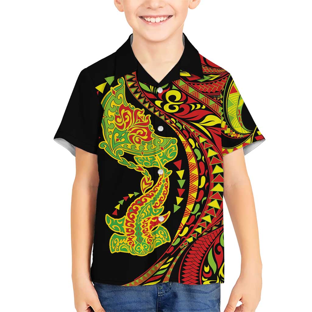 Hawaiian Manta Ray and Hammerhead Shark Tribal Tattoo Family Matching Puletasi and Hawaiian Shirt with Polynesian Tribal Pattern Kanaka Maoli Flag Color LT03 Son's Shirt Multicolor - Polynesian Pride