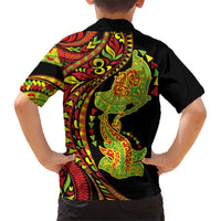 Hawaiian Manta Ray and Hammerhead Shark Tribal Tattoo Family Matching Short Sleeve Bodycon Dress and Hawaiian Shirt with Polynesian Tribal Pattern Kanaka Maoli Flag Color LT03 - Polynesian Pride