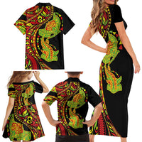 Hawaiian Manta Ray and Hammerhead Shark Tribal Tattoo Family Matching Short Sleeve Bodycon Dress and Hawaiian Shirt with Polynesian Tribal Pattern Kanaka Maoli Flag Color LT03 - Polynesian Pride