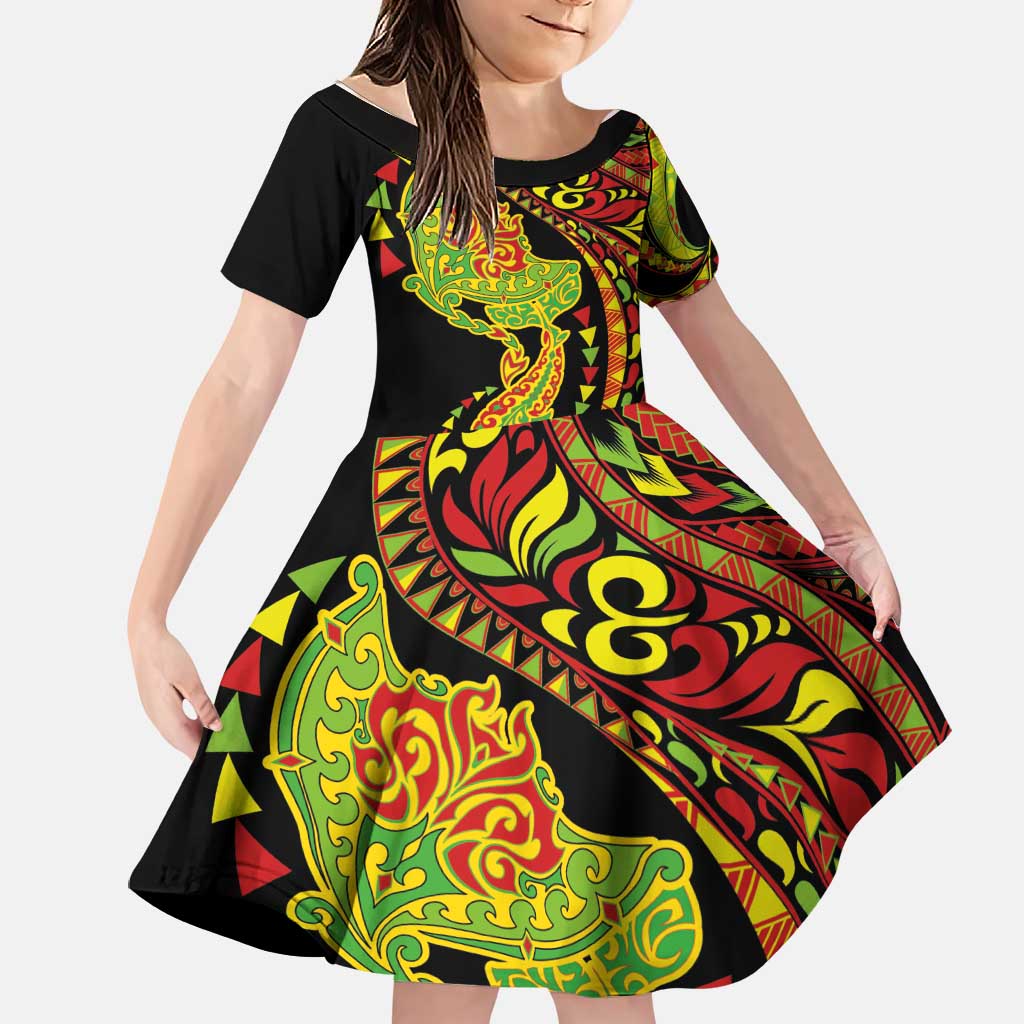 Hawaiian Manta Ray and Hammerhead Shark Tribal Tattoo Family Matching Summer Maxi Dress and Hawaiian Shirt with Polynesian Tribal Pattern Kanaka Maoli Flag Color LT03 Daughter's Dress Multicolor - Polynesian Pride