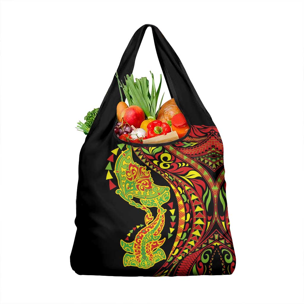 Hawaiian Manta Ray and Hammerhead Shark Tribal Tattoo Grocery Bag with Polynesian Tribal Pattern Kanaka Maoli Flag Color