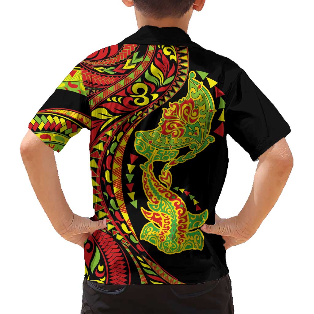 Hawaiian Manta Ray and Hammerhead Shark Tribal Tattoo Hawaiian Shirt with Polynesian Tribal Pattern Kanaka Maoli Flag Color LT03 - Polynesian Pride