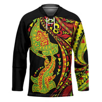 Hawaiian Manta Ray and Hammerhead Shark Tribal Tattoo Hockey Jersey with Polynesian Tribal Pattern Kanaka Maoli Flag Color LT03 Unisex Multicolor - Polynesian Pride