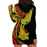 Hawaiian Manta Ray and Hammerhead Shark Tribal Tattoo Hoodie Dress with Polynesian Tribal Pattern Kanaka Maoli Flag Color LT03 - Polynesian Pride