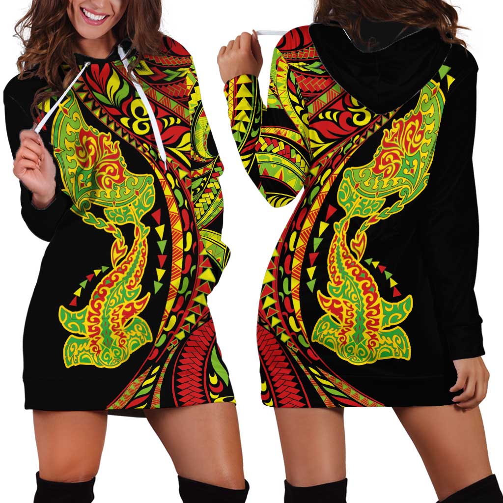 Hawaiian Manta Ray and Hammerhead Shark Tribal Tattoo Hoodie Dress with Polynesian Tribal Pattern Kanaka Maoli Flag Color LT03 - Polynesian Pride