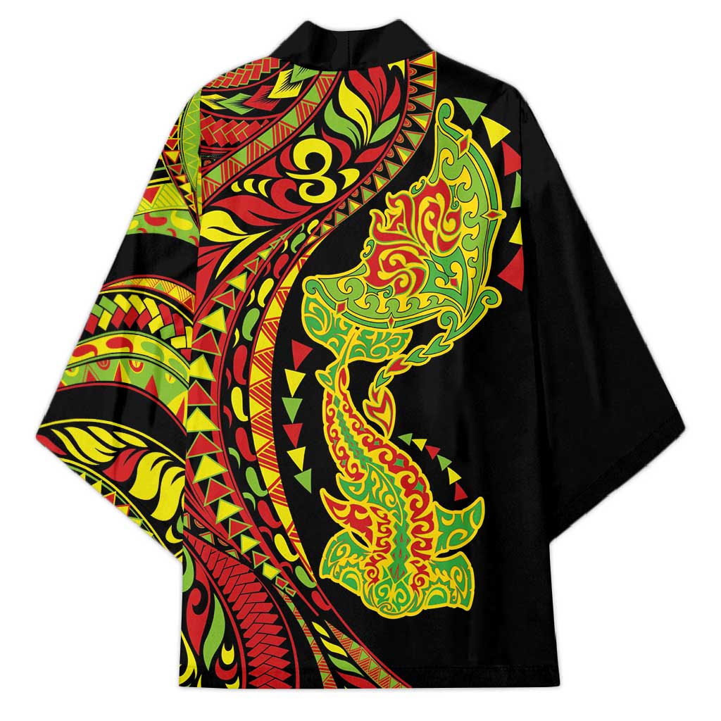 Hawaiian Manta Ray and Hammerhead Shark Tribal Tattoo Kimono with Polynesian Tribal Pattern Kanaka Maoli Flag Color LT03 - Polynesian Pride