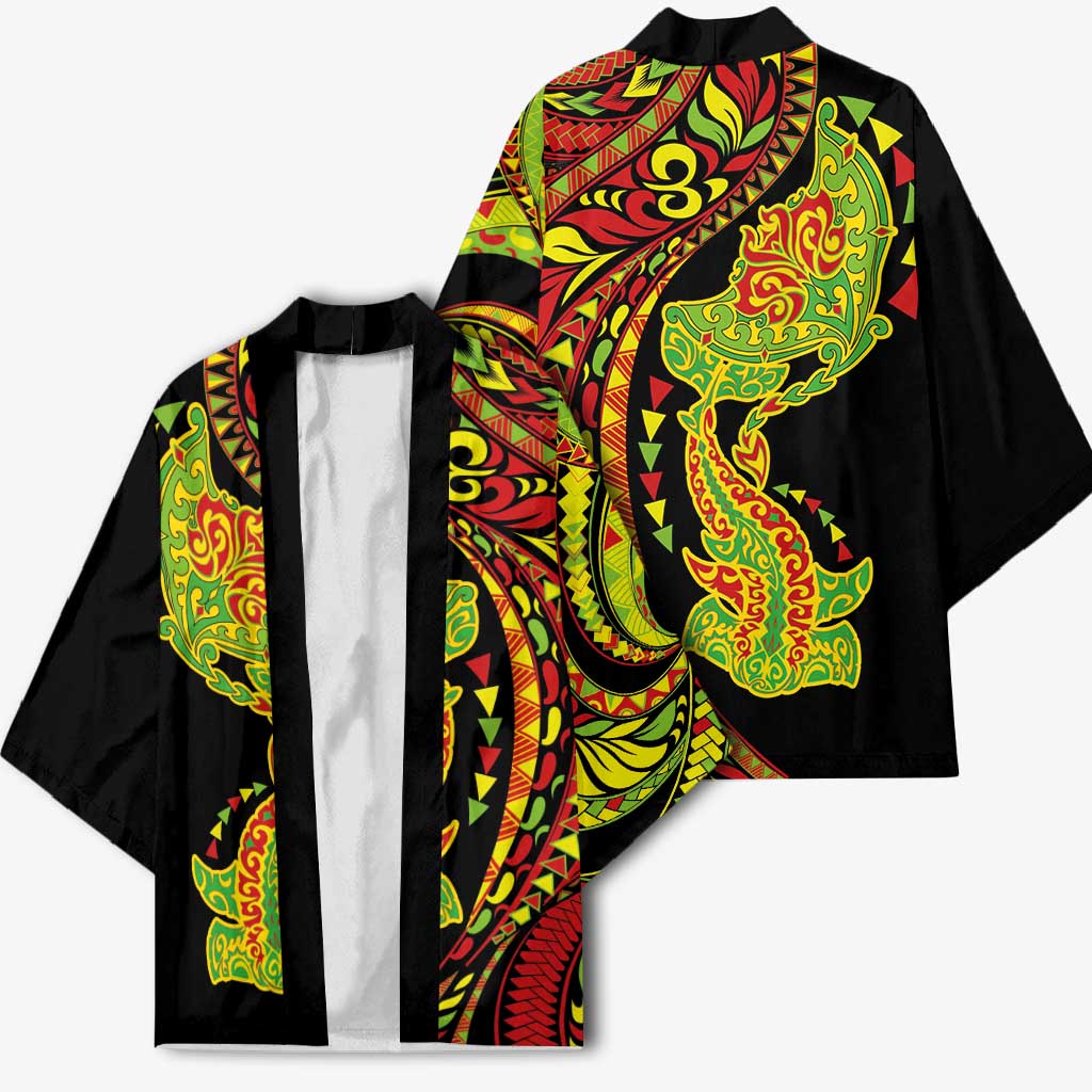 Hawaiian Manta Ray and Hammerhead Shark Tribal Tattoo Kimono with Polynesian Tribal Pattern Kanaka Maoli Flag Color LT03 - Polynesian Pride