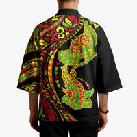 Hawaiian Manta Ray and Hammerhead Shark Tribal Tattoo Kimono with Polynesian Tribal Pattern Kanaka Maoli Flag Color LT03 - Polynesian Pride