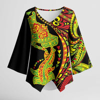 Hawaiian Manta Ray and Hammerhead Shark Tribal Tattoo Kimono Sleeve Blouse with Polynesian Tribal Pattern Kanaka Maoli Flag Color LT03 Female Multicolor - Polynesian Pride