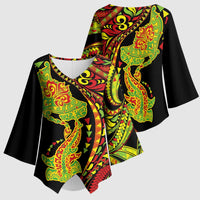 Hawaiian Manta Ray and Hammerhead Shark Tribal Tattoo Kimono Sleeve Blouse with Polynesian Tribal Pattern Kanaka Maoli Flag Color LT03 - Polynesian Pride