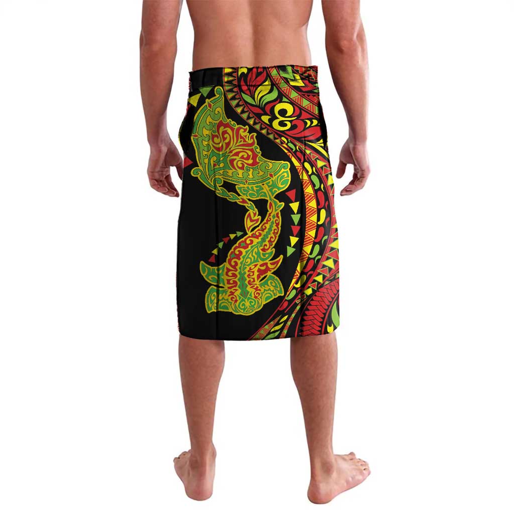 Hawaiian Manta Ray and Hammerhead Shark Tribal Tattoo Lavalava with Polynesian Tribal Pattern Kanaka Maoli Flag Color