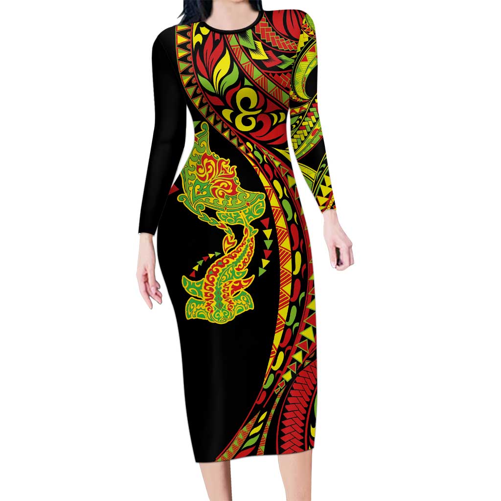 Hawaiian Manta Ray and Hammerhead Shark Tribal Tattoo Long Sleeve Bodycon Dress with Polynesian Tribal Pattern Kanaka Maoli Flag Color