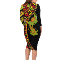 Hawaiian Manta Ray and Hammerhead Shark Tribal Tattoo Long Sleeve Bodycon Dress with Polynesian Tribal Pattern Kanaka Maoli Flag Color LT03 - Polynesian Pride