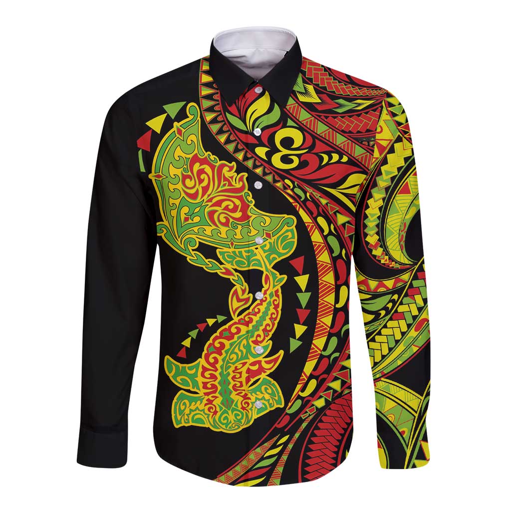 Hawaiian Manta Ray and Hammerhead Shark Tribal Tattoo Long Sleeve Button Shirt with Polynesian Tribal Pattern Kanaka Maoli Flag Color