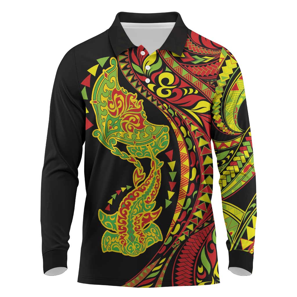 Hawaiian Manta Ray and Hammerhead Shark Tribal Tattoo Long Sleeve Polo Shirt with Polynesian Tribal Pattern Kanaka Maoli Flag Color