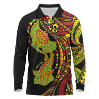 Hawaiian Manta Ray and Hammerhead Shark Tribal Tattoo Long Sleeve Polo Shirt with Polynesian Tribal Pattern Kanaka Maoli Flag Color LT03 Multicolor - Polynesian Pride