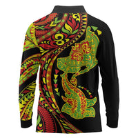 Hawaiian Manta Ray and Hammerhead Shark Tribal Tattoo Long Sleeve Polo Shirt with Polynesian Tribal Pattern Kanaka Maoli Flag Color LT03 - Polynesian Pride
