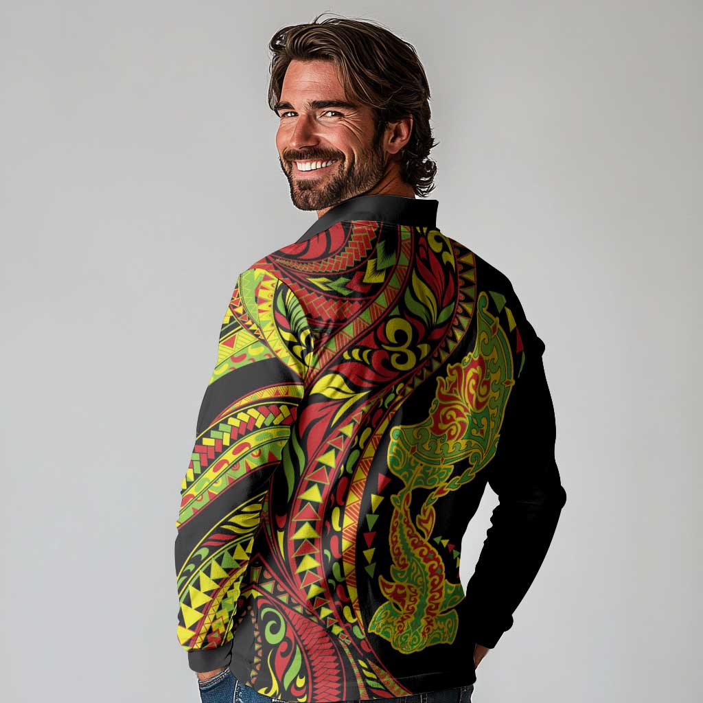 Hawaiian Manta Ray and Hammerhead Shark Tribal Tattoo Long Sleeve Polo Shirt with Polynesian Tribal Pattern Kanaka Maoli Flag Color LT03 - Polynesian Pride