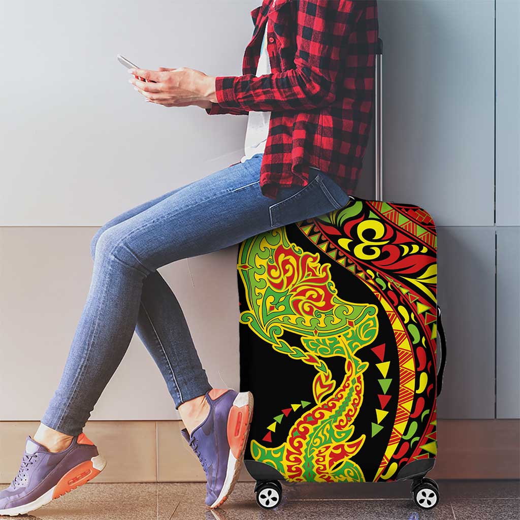 Hawaiian Manta Ray and Hammerhead Shark Tribal Tattoo Luggage Cover with Polynesian Tribal Pattern Kanaka Maoli Flag Color LT03 - Polynesian Pride