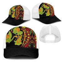 Hawaiian Manta Ray and Hammerhead Shark Tribal Tattoo Mesh Trucker Cap with Polynesian Tribal Pattern Kanaka Maoli Flag Color