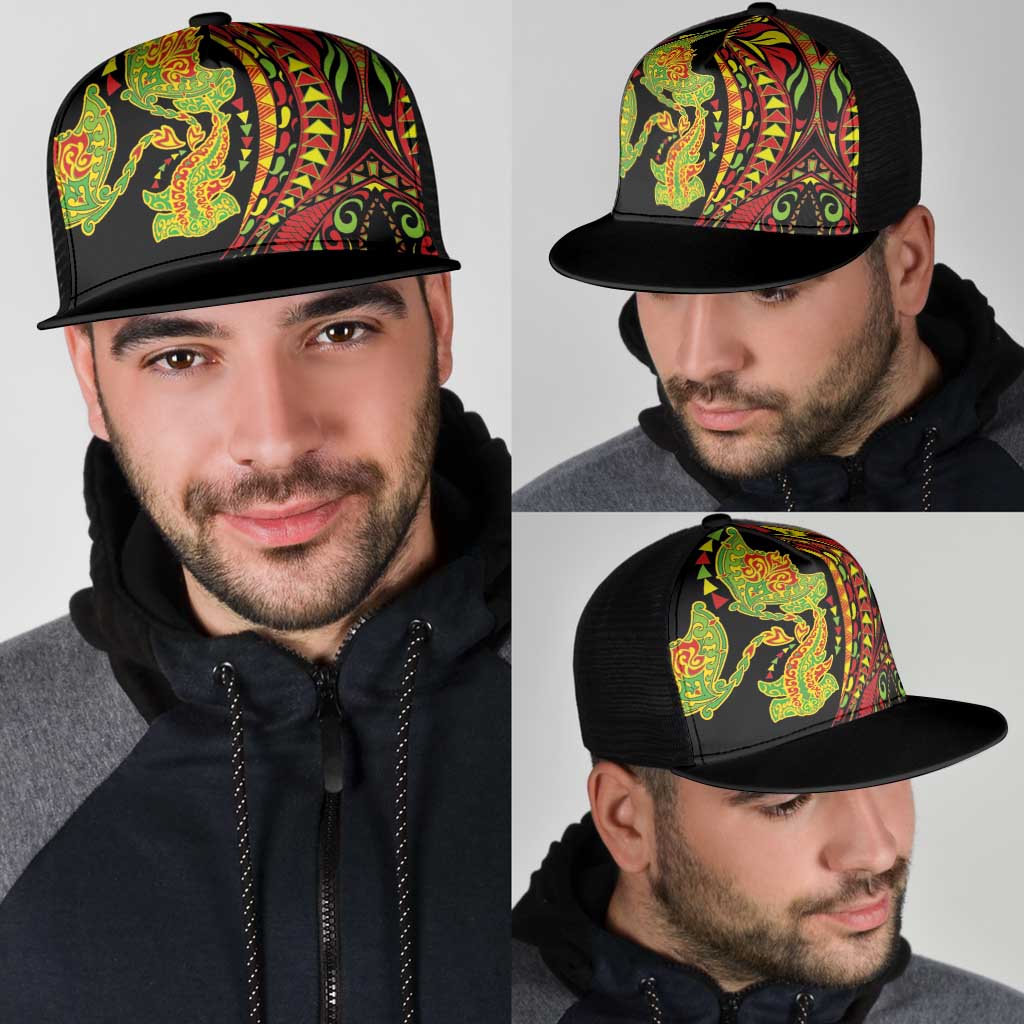Hawaiian Manta Ray and Hammerhead Shark Tribal Tattoo Mesh Trucker Cap with Polynesian Tribal Pattern Kanaka Maoli Flag Color