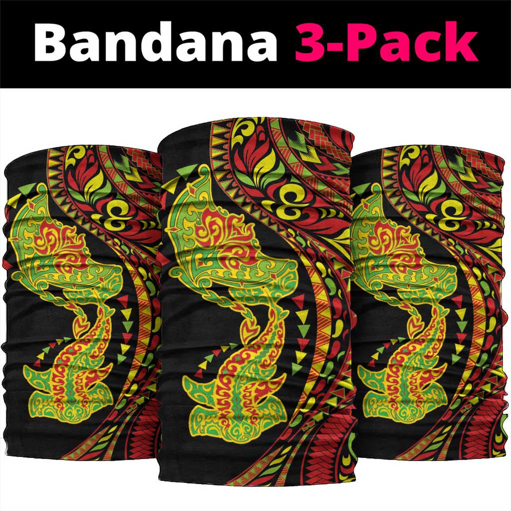 Hawaiian Manta Ray and Hammerhead Shark Tribal Tattoo Neck Gaiter with Polynesian Tribal Pattern Kanaka Maoli Flag Color
