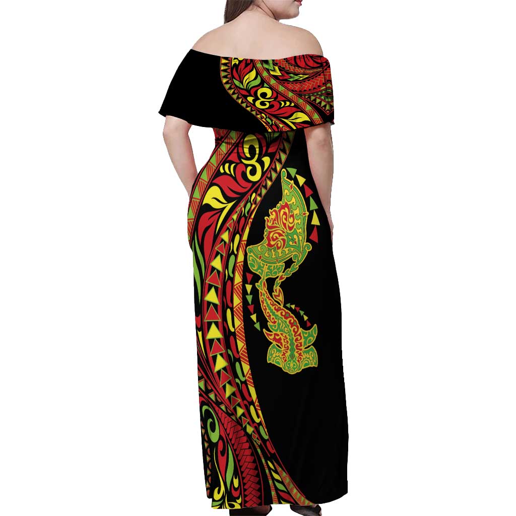 Hawaiian Manta Ray and Hammerhead Shark Tribal Tattoo Off Shoulder Maxi Dress with Polynesian Tribal Pattern Kanaka Maoli Flag Color LT03 - Polynesian Pride