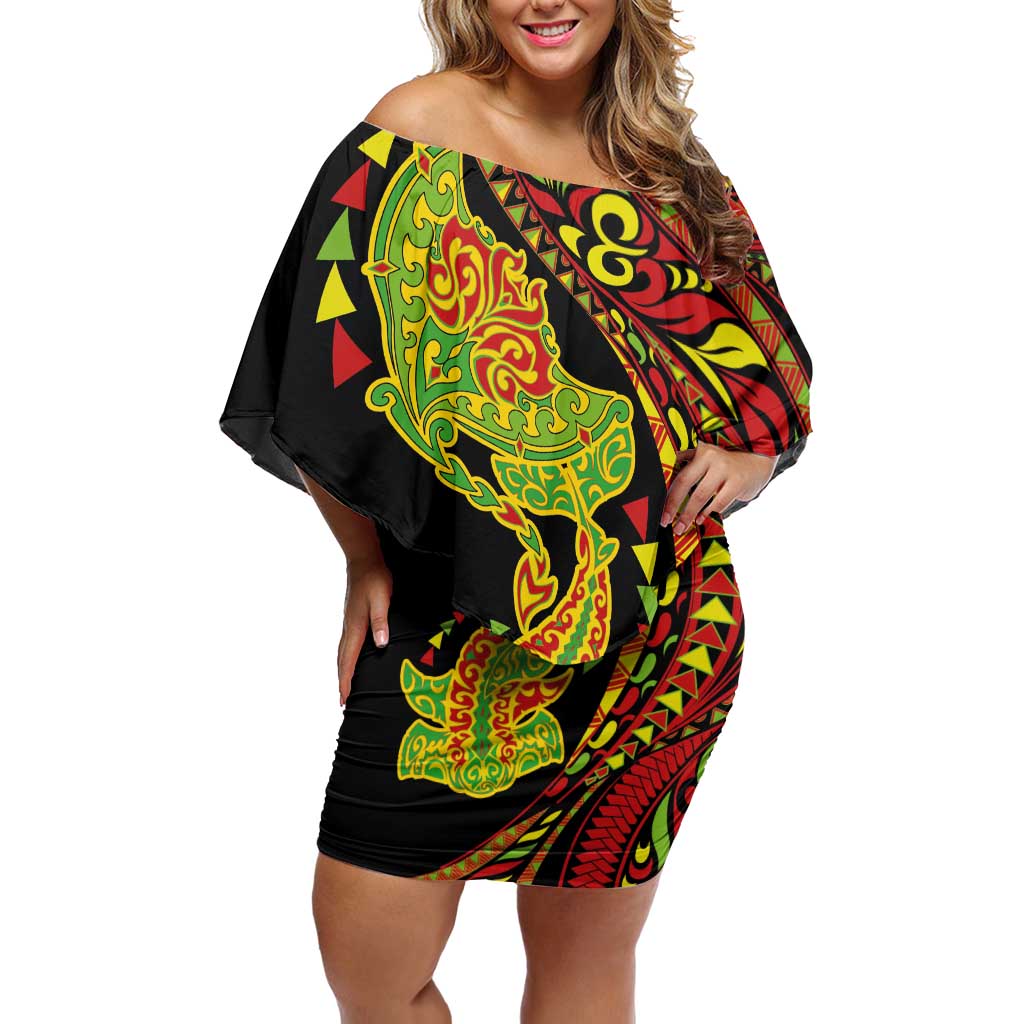Hawaiian Manta Ray and Hammerhead Shark Tribal Tattoo Off Shoulder Short Dress with Polynesian Tribal Pattern Kanaka Maoli Flag Color