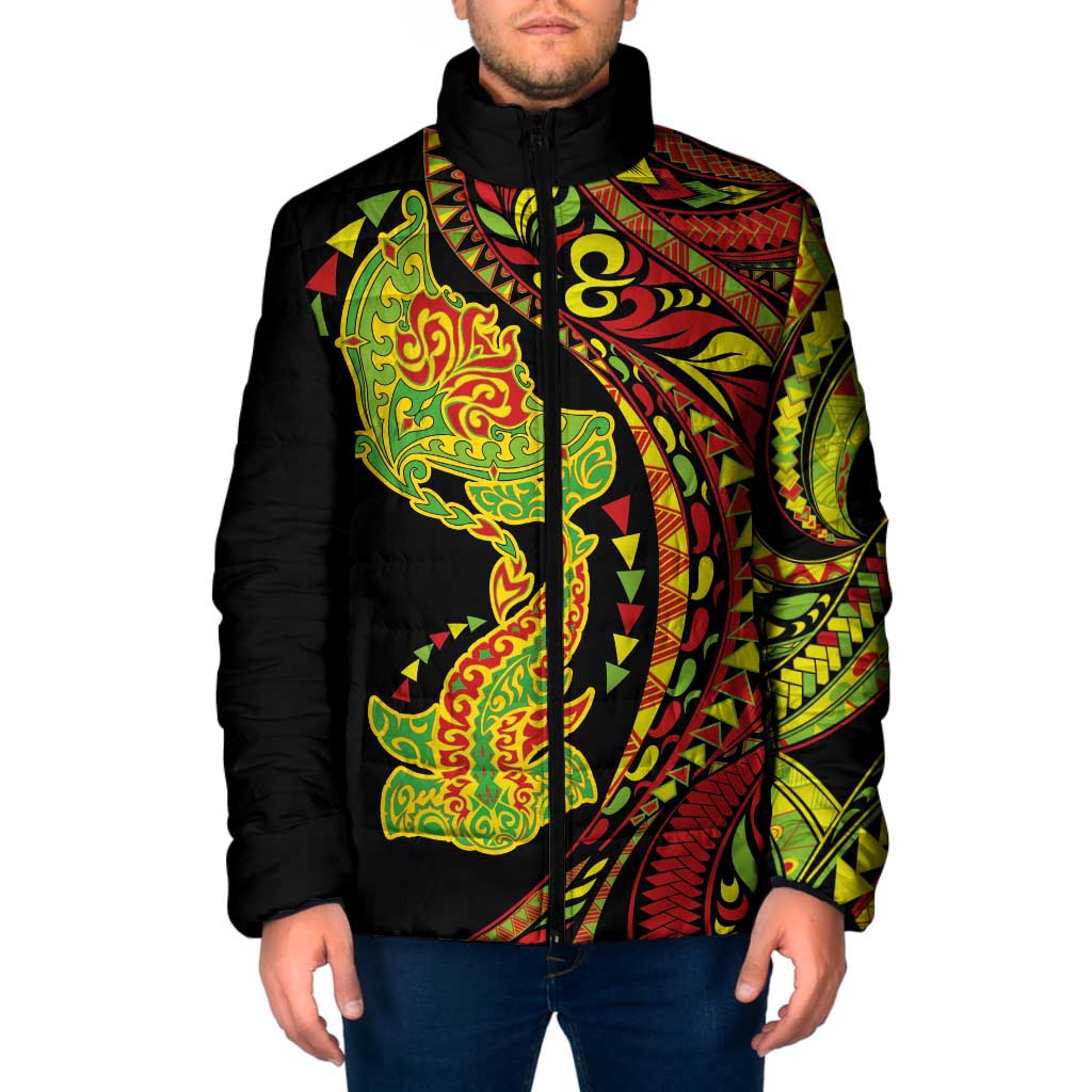Hawaiian Manta Ray and Hammerhead Shark Tribal Tattoo Padded Jacket with Polynesian Tribal Pattern Kanaka Maoli Flag Color
