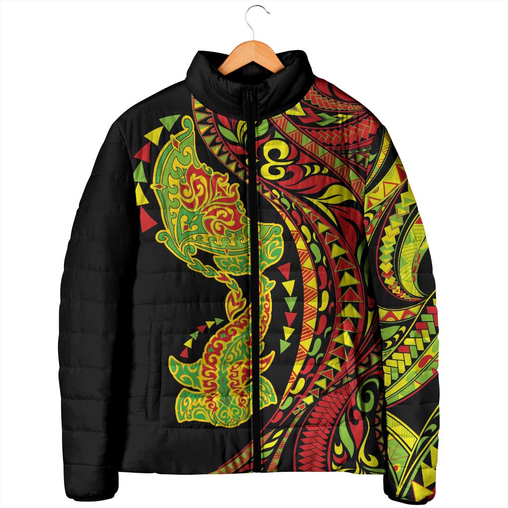 Hawaiian Manta Ray and Hammerhead Shark Tribal Tattoo Padded Jacket with Polynesian Tribal Pattern Kanaka Maoli Flag Color