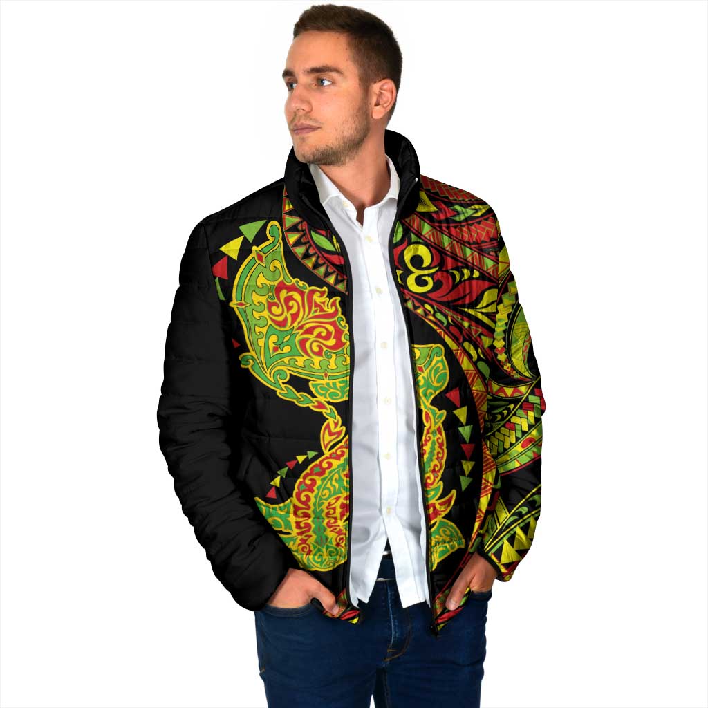 Hawaiian Manta Ray and Hammerhead Shark Tribal Tattoo Padded Jacket with Polynesian Tribal Pattern Kanaka Maoli Flag Color