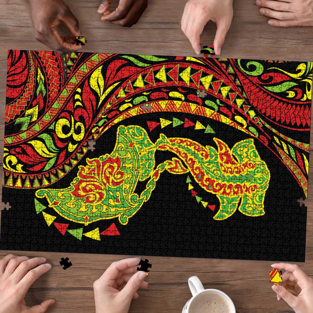 Hawaiian Manta Ray and Hammerhead Shark Tribal Tattoo Puzzle with Polynesian Tribal Pattern Kanaka Maoli Flag Color