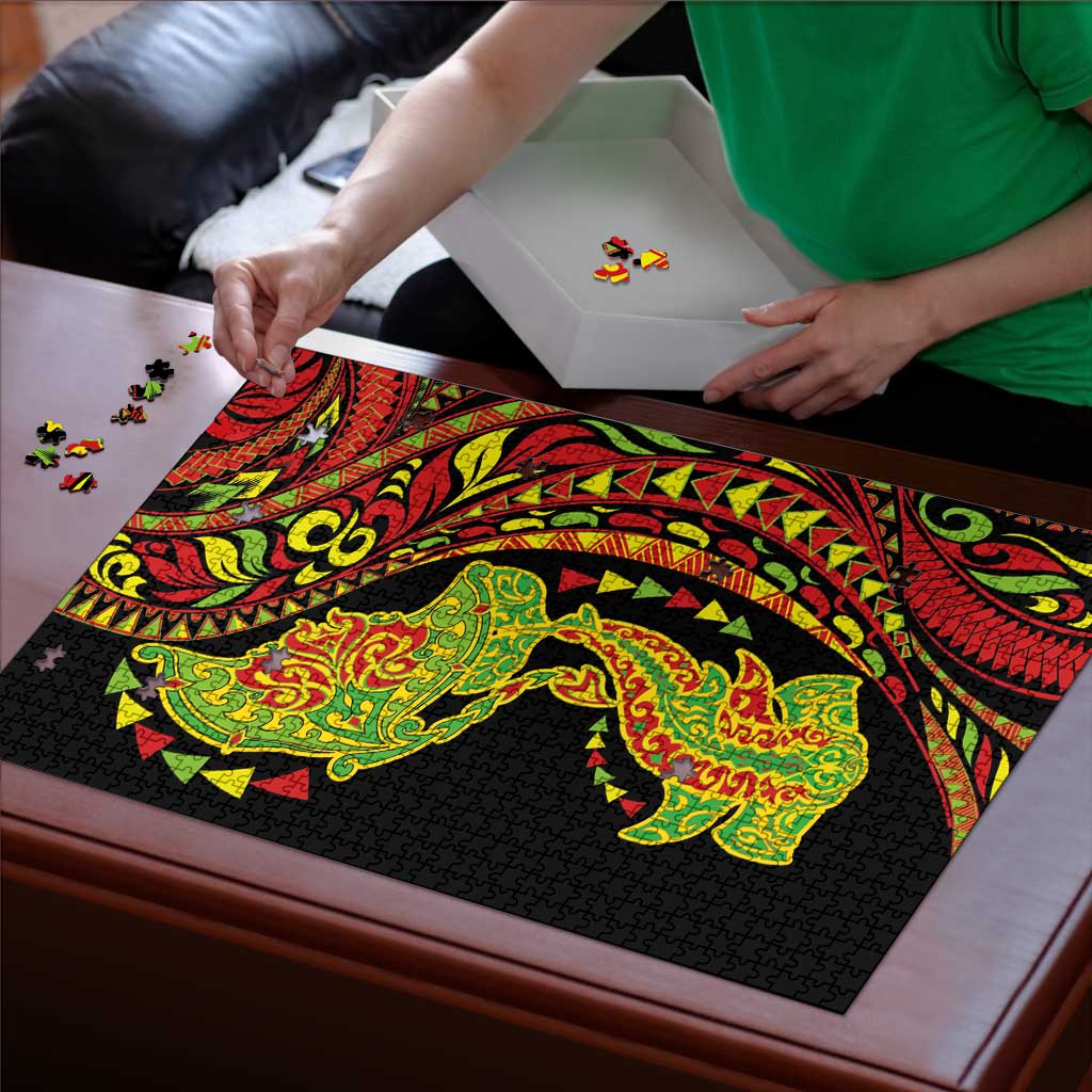 Hawaiian Manta Ray and Hammerhead Shark Tribal Tattoo Puzzle with Polynesian Tribal Pattern Kanaka Maoli Flag Color