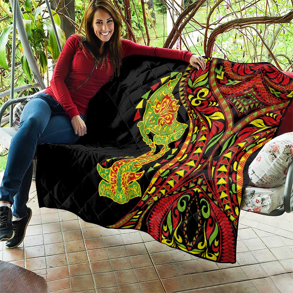 Hawaiian Manta Ray and Hammerhead Shark Tribal Tattoo Quilt with Polynesian Tribal Pattern Kanaka Maoli Flag Color LT03 - Polynesian Pride