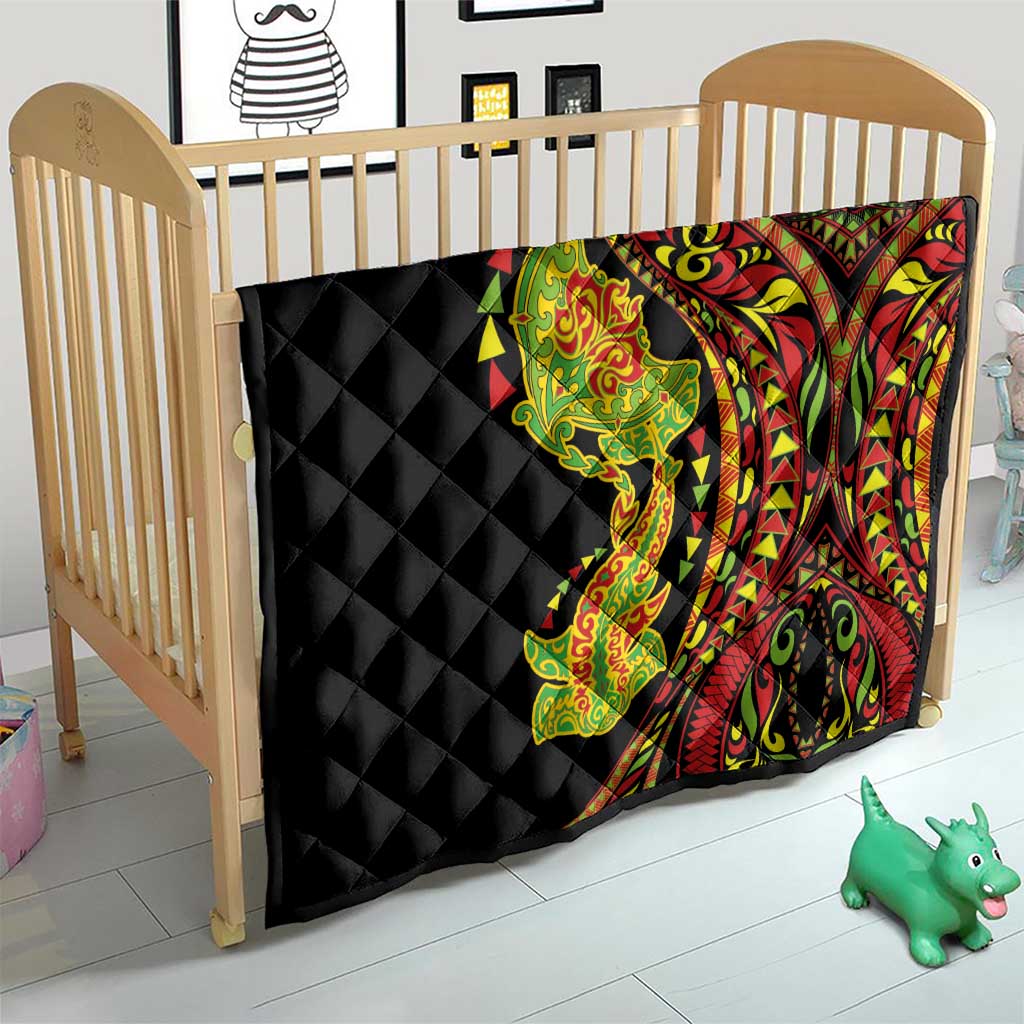 Hawaiian Manta Ray and Hammerhead Shark Tribal Tattoo Quilt with Polynesian Tribal Pattern Kanaka Maoli Flag Color LT03 - Polynesian Pride