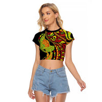 Hawaiian Manta Ray and Hammerhead Shark Tribal Tattoo Raglan Cropped T Shirt with Polynesian Tribal Pattern Kanaka Maoli Flag Color LT03 Female Multicolor - Polynesian Pride