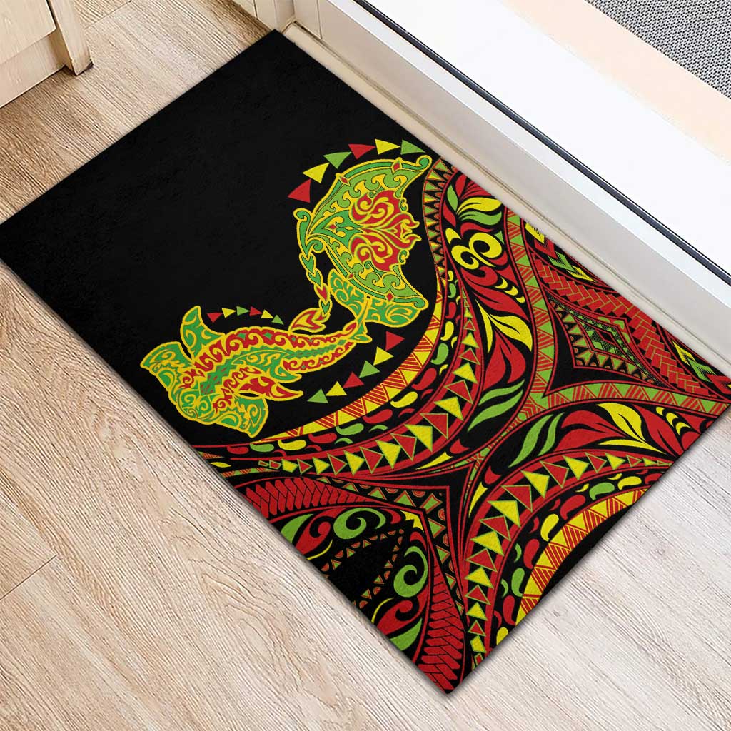 Hawaiian Manta Ray and Hammerhead Shark Tribal Tattoo Rubber Doormat with Polynesian Tribal Pattern Kanaka Maoli Flag Color LT03 - Polynesian Pride
