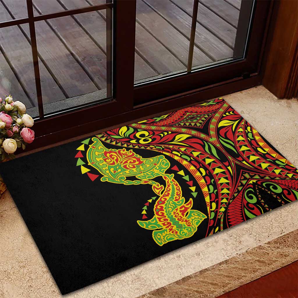 Hawaiian Manta Ray and Hammerhead Shark Tribal Tattoo Rubber Doormat with Polynesian Tribal Pattern Kanaka Maoli Flag Color LT03 - Polynesian Pride
