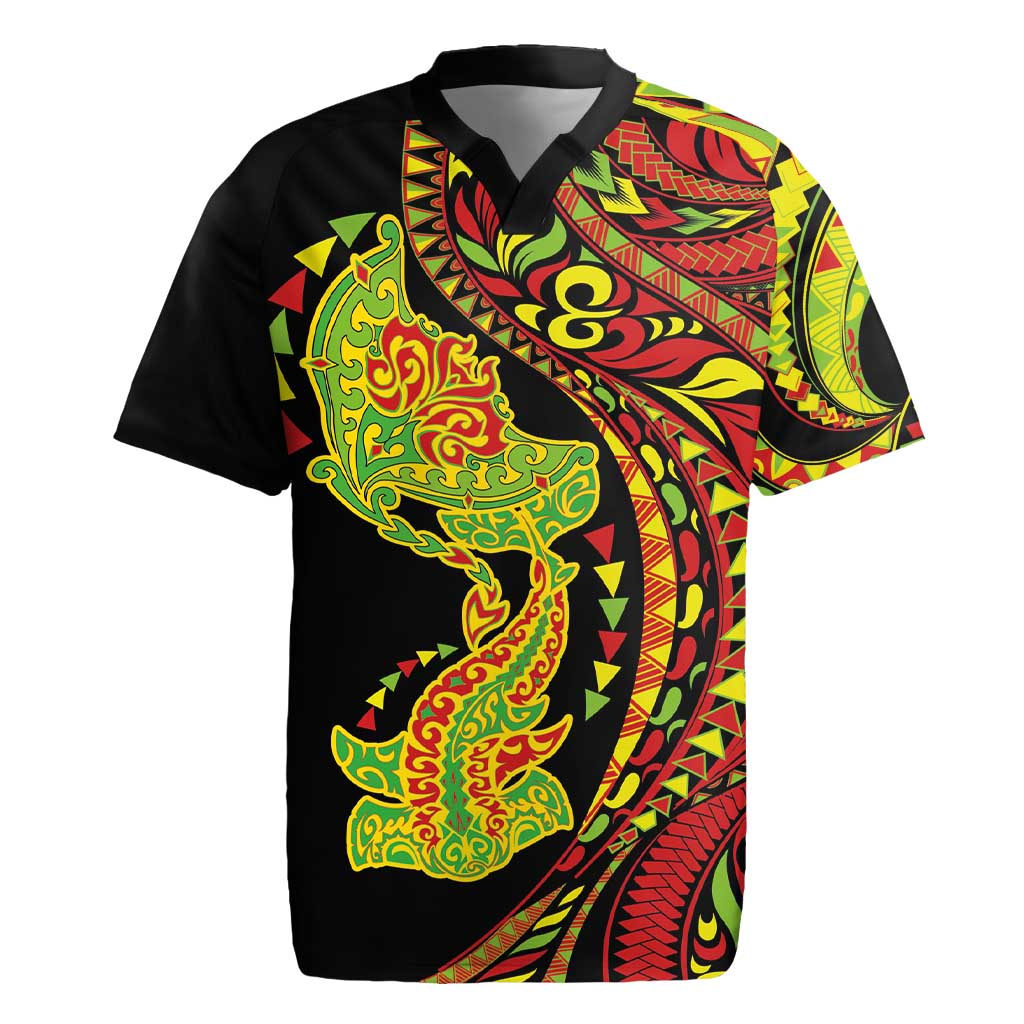 Hawaiian Manta Ray and Hammerhead Shark Tribal Tattoo Rugby Jersey with Polynesian Tribal Pattern Kanaka Maoli Flag Color LT03 Multicolor - Polynesian Pride