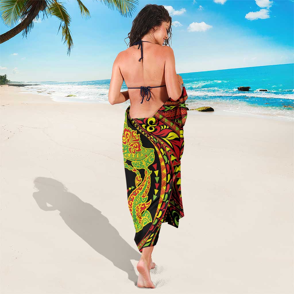 Hawaiian Manta Ray and Hammerhead Shark Tribal Tattoo Sarong with Polynesian Tribal Pattern Kanaka Maoli Flag Color LT03 - Polynesian Pride