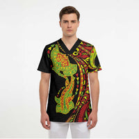 Hawaiian Manta Ray and Hammerhead Shark Tribal Tattoo Scrub Top with Polynesian Tribal Pattern Kanaka Maoli Flag Color