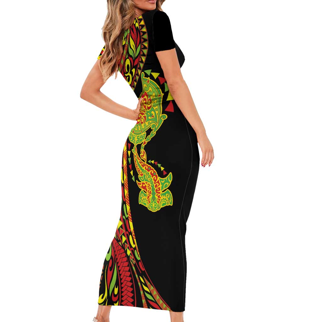 Hawaiian Manta Ray and Hammerhead Shark Tribal Tattoo Short Sleeve Bodycon Dress with Polynesian Tribal Pattern Kanaka Maoli Flag Color LT03 - Polynesian Pride