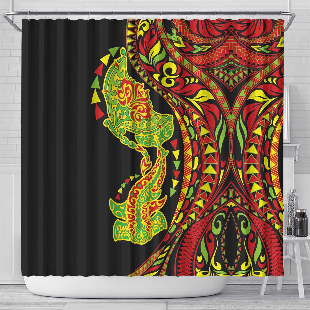 Hawaiian Manta Ray and Hammerhead Shark Tribal Tattoo Shower Curtain with Polynesian Tribal Pattern Kanaka Maoli Flag Color LT03 - Polynesian Pride