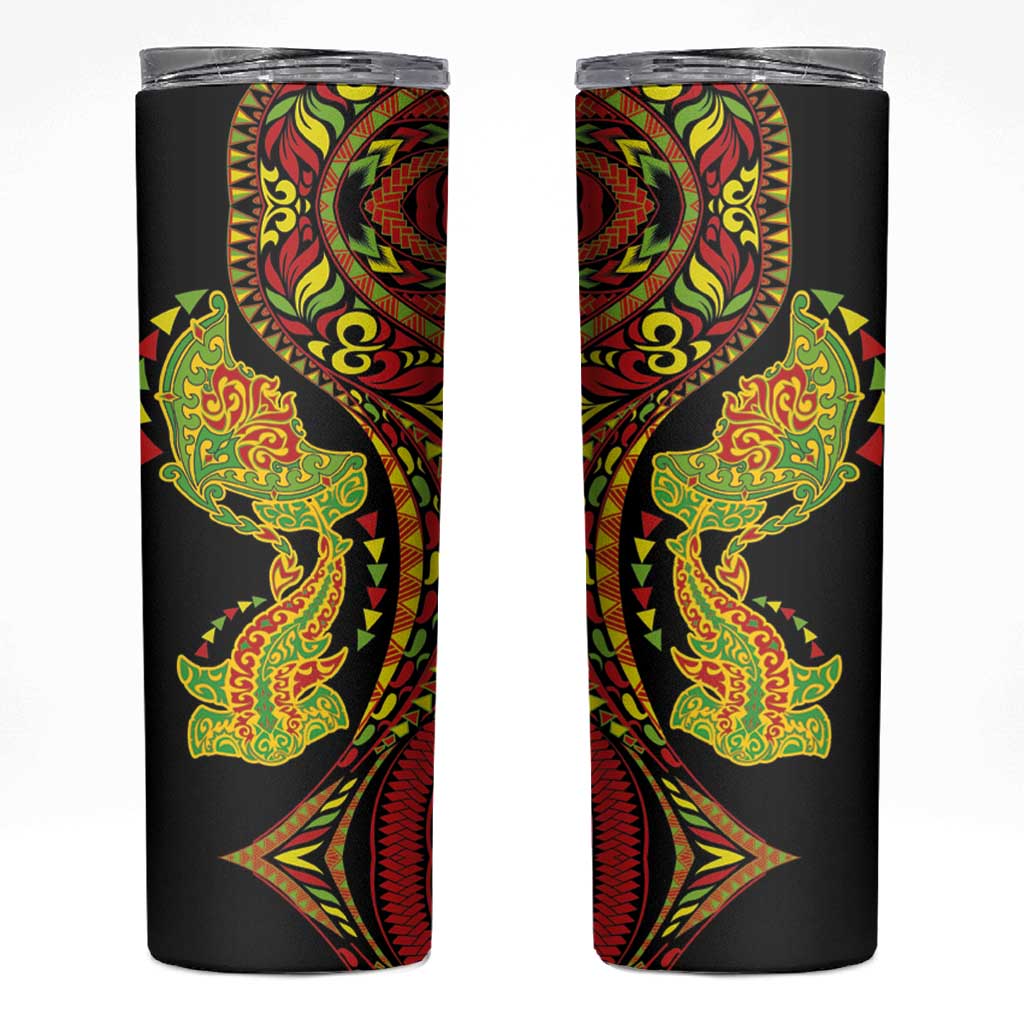 Hawaiian Manta Ray and Hammerhead Shark Tribal Tattoo Skinny Tumbler with Polynesian Tribal Pattern Kanaka Maoli Flag Color LT03 Multicolor - Polynesian Pride