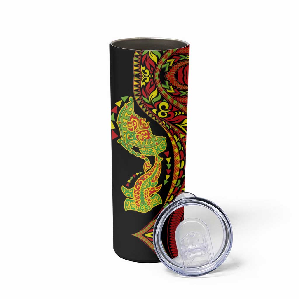 Hawaiian Manta Ray and Hammerhead Shark Tribal Tattoo Skinny Tumbler with Polynesian Tribal Pattern Kanaka Maoli Flag Color LT03 - Polynesian Pride
