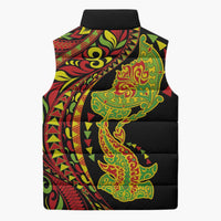 Hawaiian Manta Ray and Hammerhead Shark Tribal Tattoo Sleeveless Puffer Jacket with Polynesian Tribal Pattern Kanaka Maoli Flag Color LT03 - Polynesian Pride