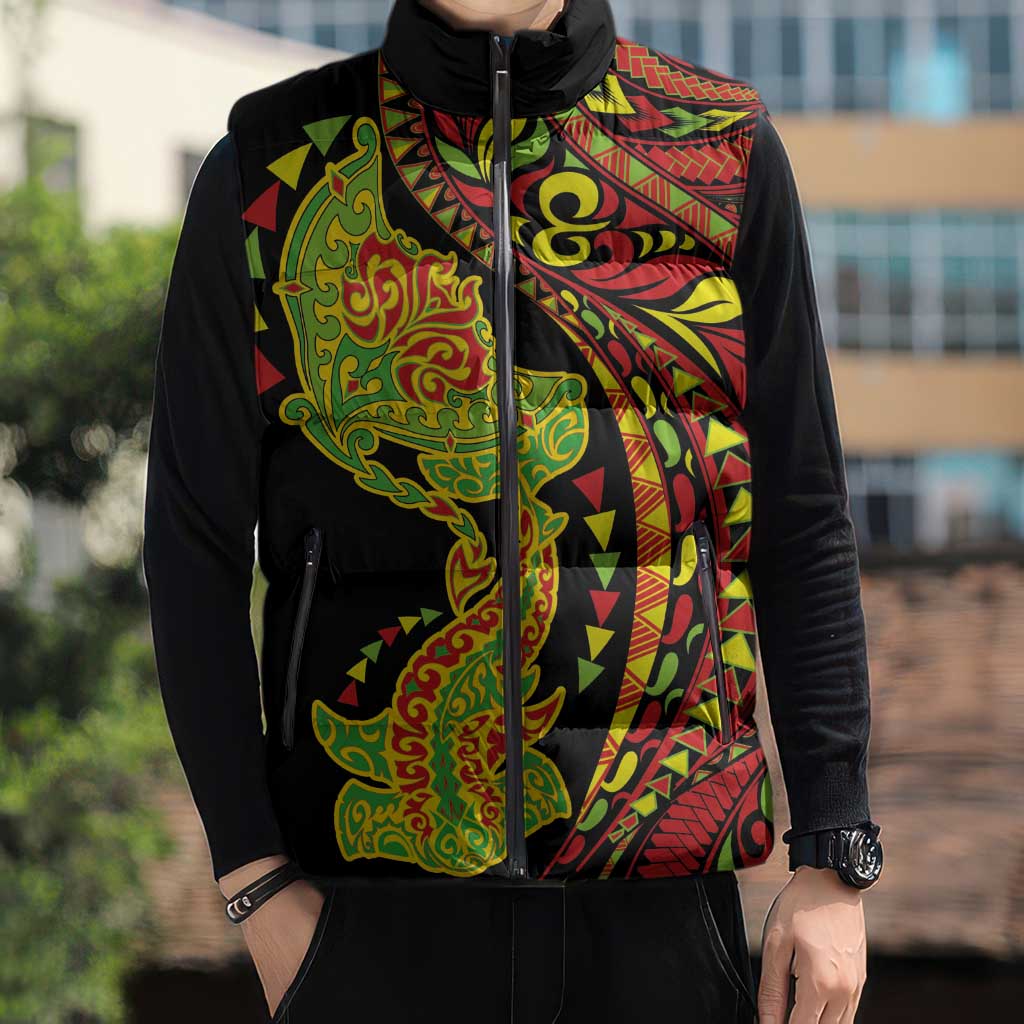 Hawaiian Manta Ray and Hammerhead Shark Tribal Tattoo Sleeveless Puffer Jacket with Polynesian Tribal Pattern Kanaka Maoli Flag Color LT03 - Polynesian Pride
