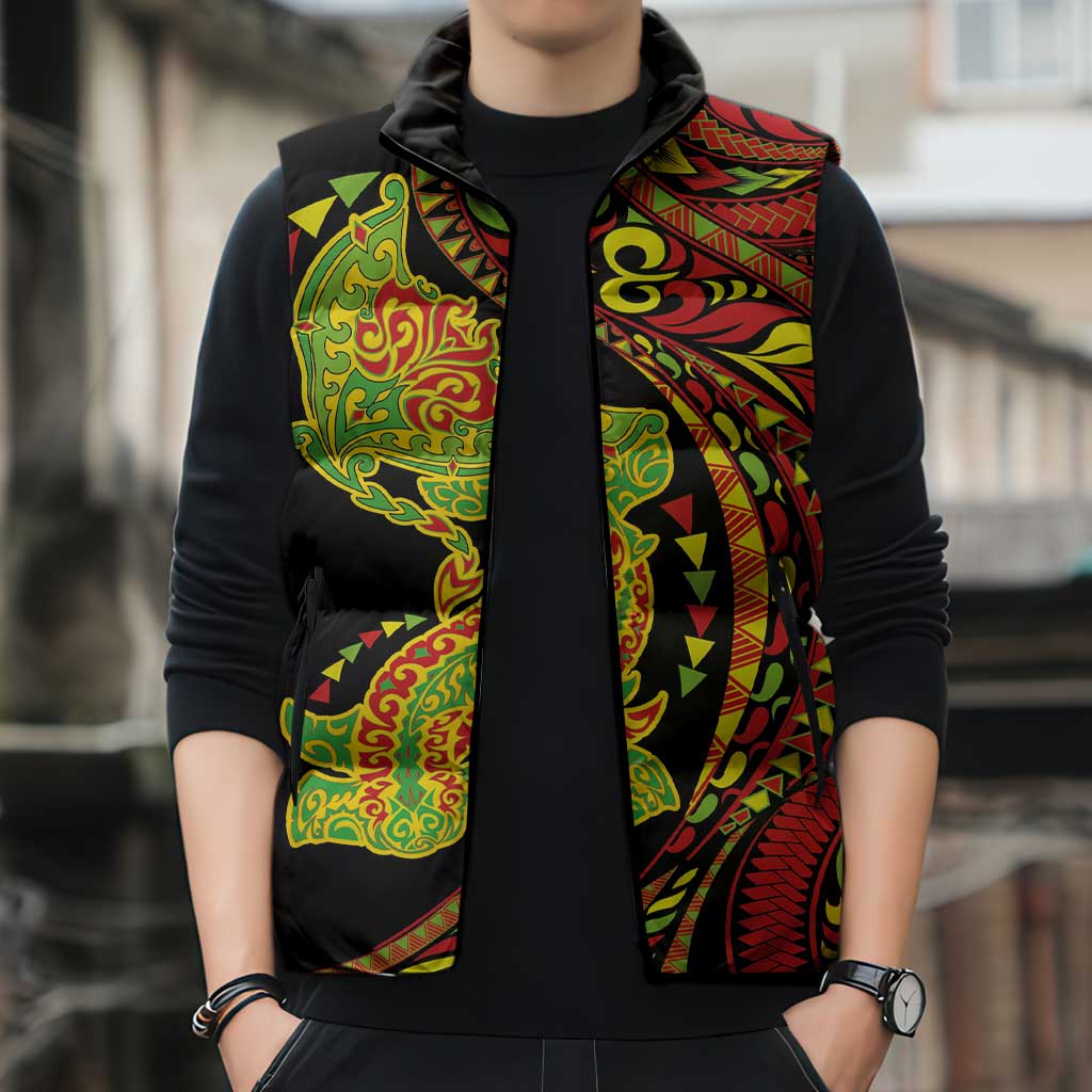 Hawaiian Manta Ray and Hammerhead Shark Tribal Tattoo Sleeveless Puffer Jacket with Polynesian Tribal Pattern Kanaka Maoli Flag Color LT03 - Polynesian Pride